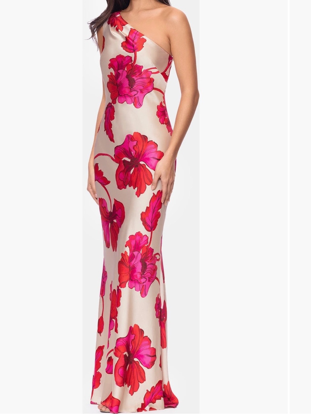 Xscape One-Shoulder Floral Gown in Cream with Pink & Red Blooms - Picture 1 of 3